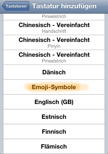 Hier "Emoji-Symbole" per Antippen bestätigen